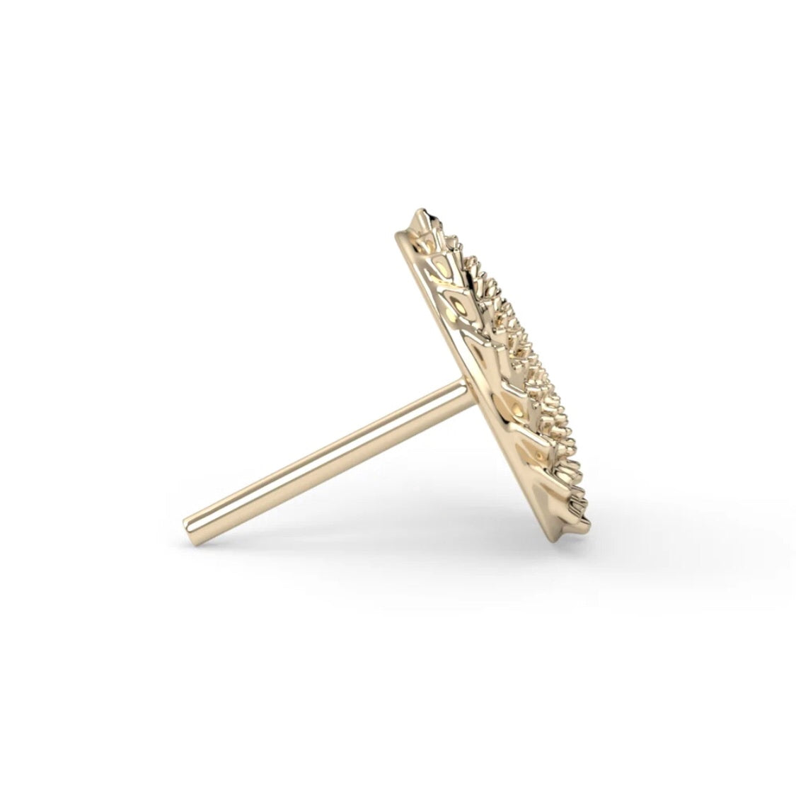 Close-up of 18ct solid gold Orbis Spiral threadless top showing compact 5mm size and detail