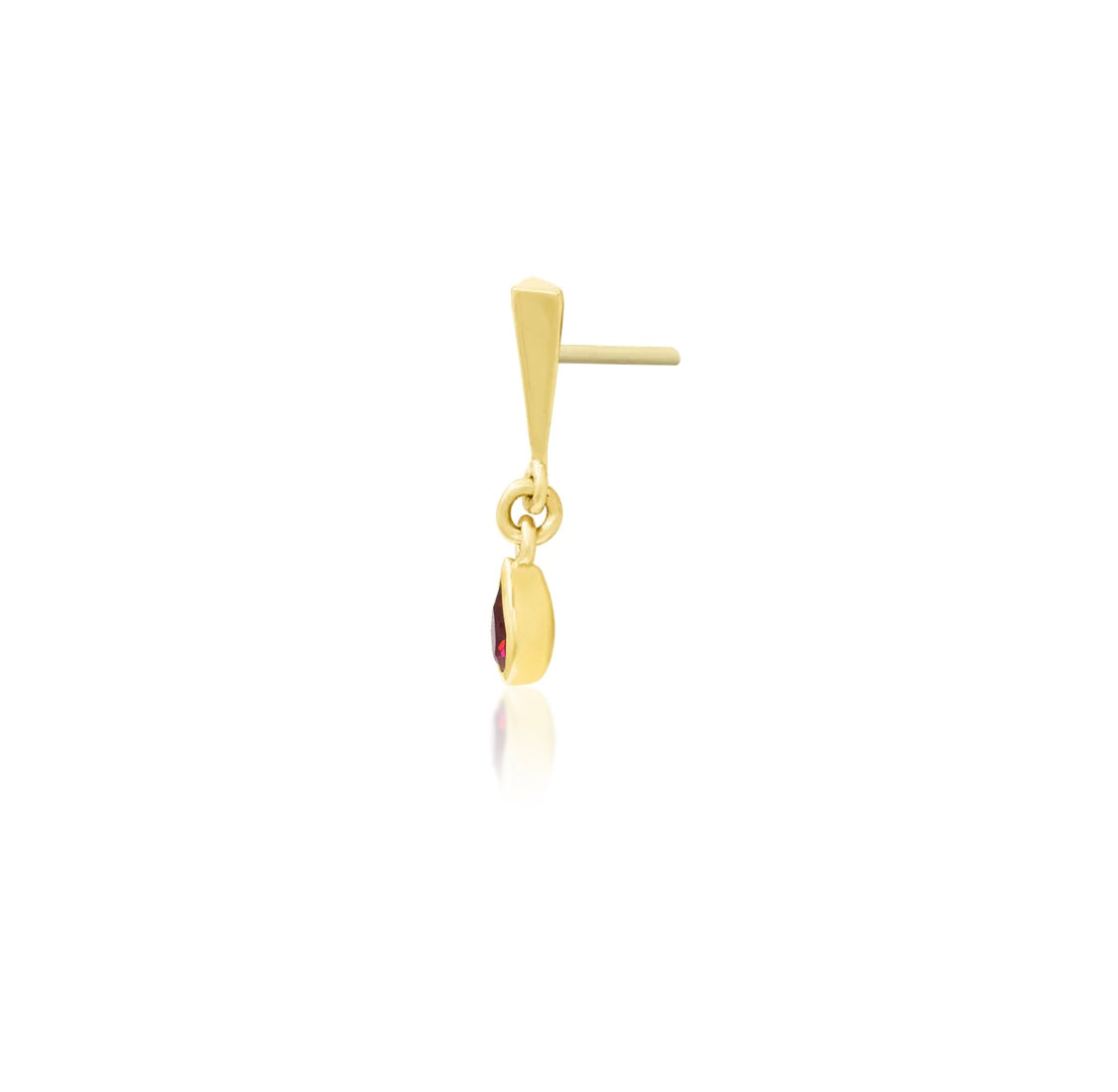 14ct gold threadless dangle piercing jewelry Till Death with garnet CZ elegant movement design 2.3mm x 12.7mm