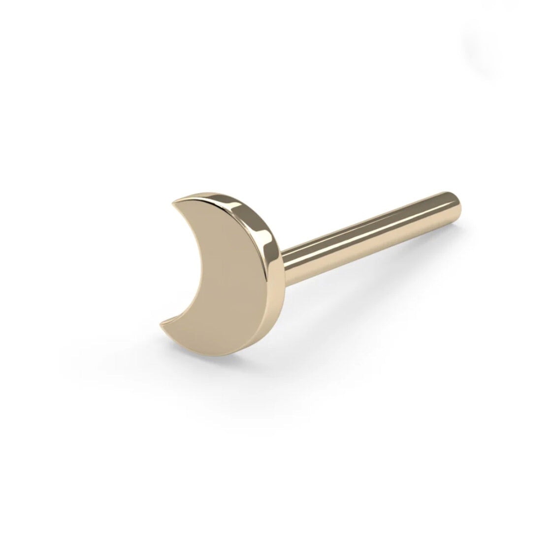 Close-up of 14ct solid gold crescent moon threadless top showing compact 3mm size and detail