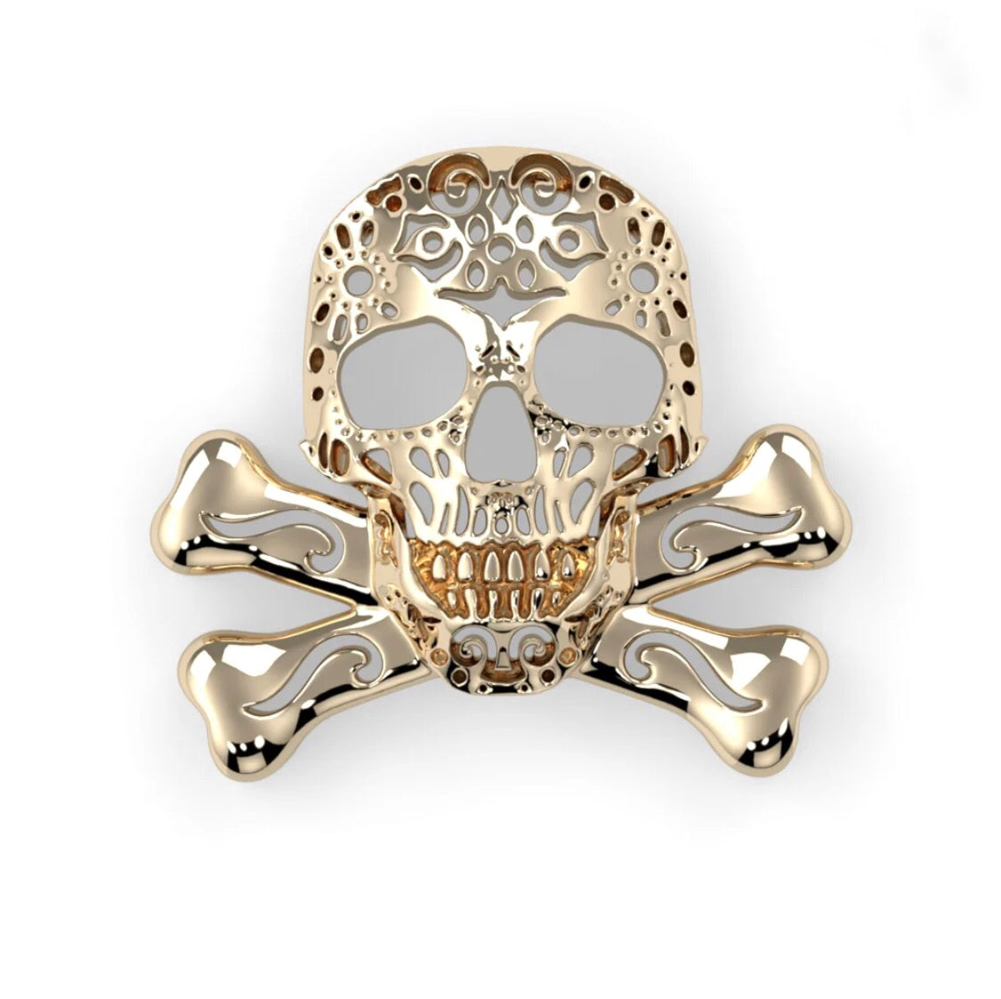 Close-up of 18ct solid gold filigree skull and crossbones 16g threaded top showing artisan craftsmanship