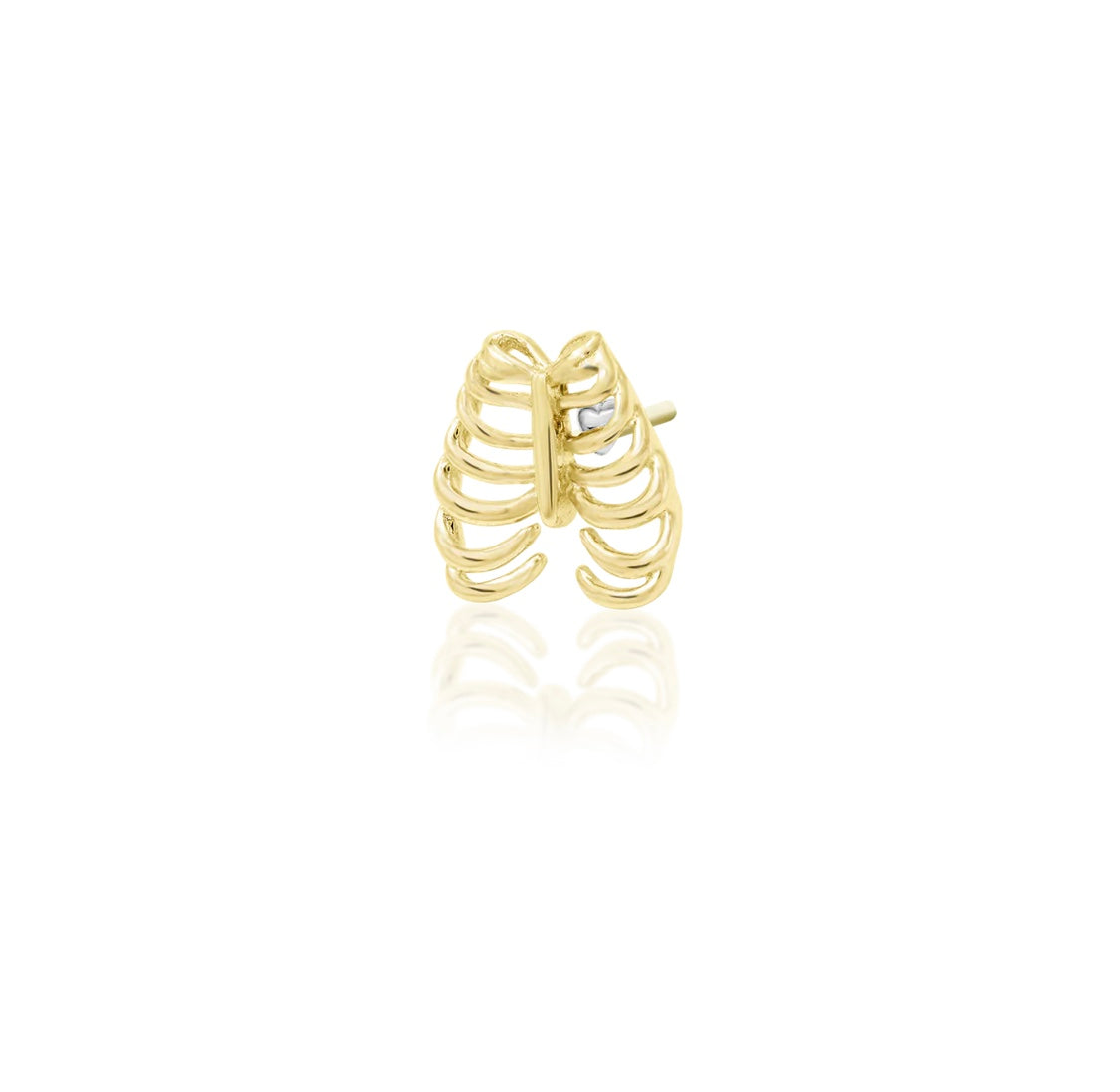 14ct gold anatomical rib cage threadless top showing intricate detail and sparkling heart centerpiece