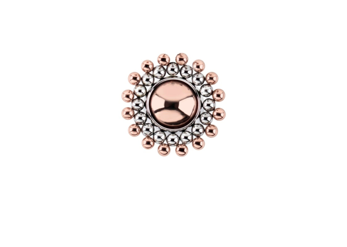 14ct gold and titanium sun threadless top 6mm in yellow rose gold with implant-grade titanium for flat piercings