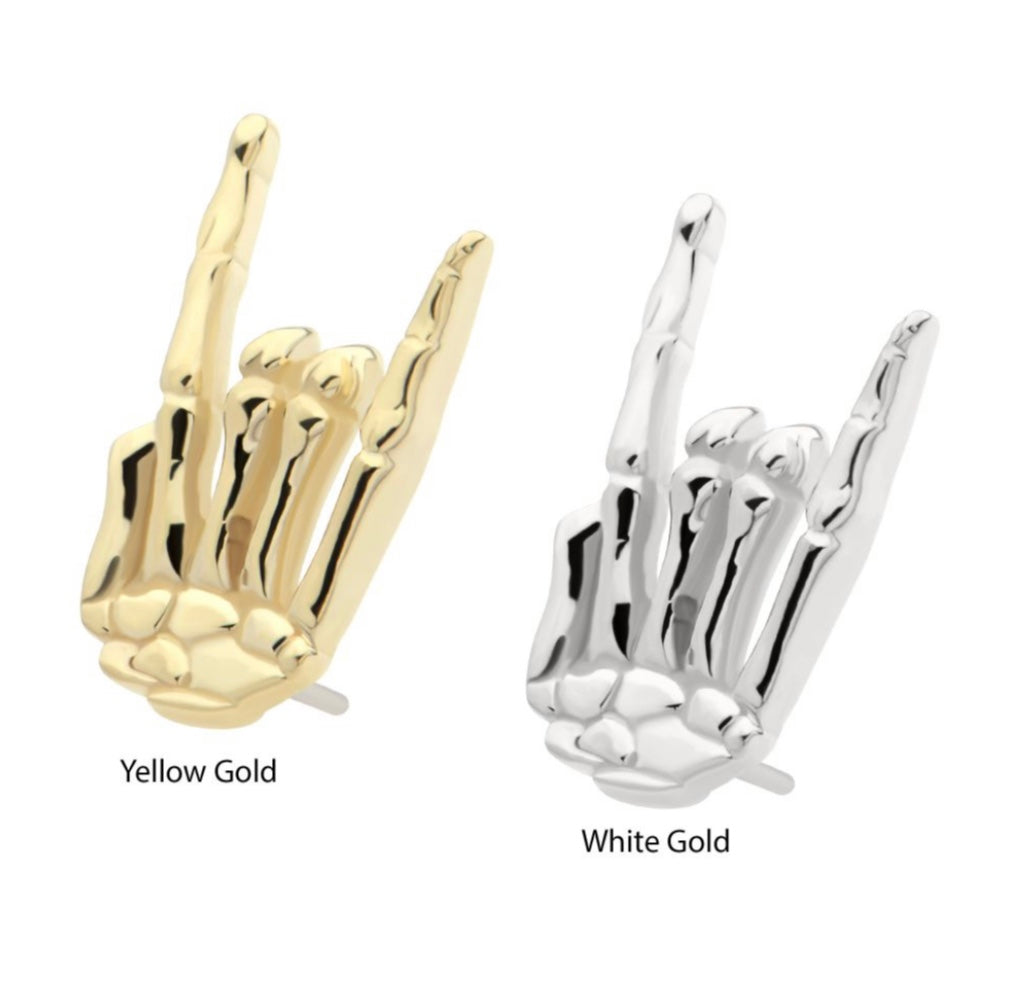 14ct gold rock n roll hand sign threadless top 9.9mm x 6mm for flat and conch piercings