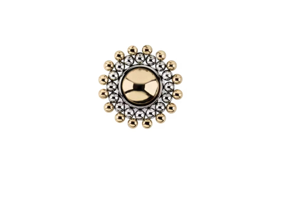 14ct mixed metal sun threadless top showing celestial design with hand-polished yellow rose gold and titanium