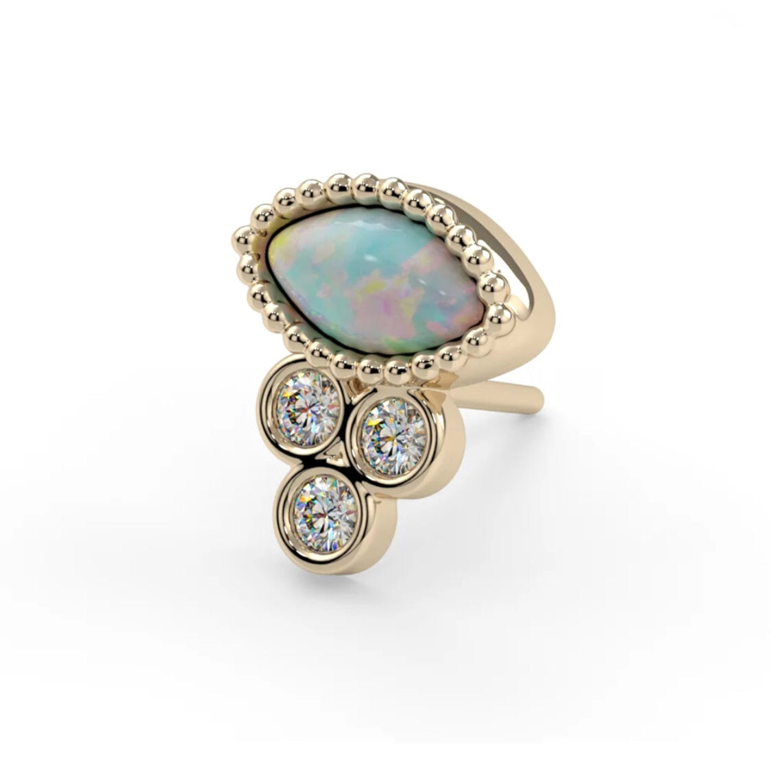 8ct gold divine eye threadless top showing luminous moonstone center and diamond accents