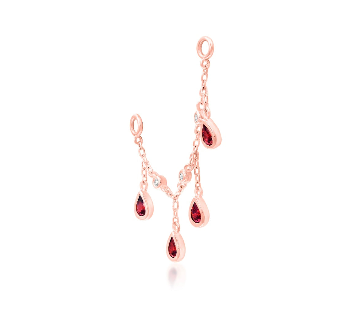 14ct gold Karro chain charm 38mm showing flowing design with garnet gemstones and cubic zirconia detail