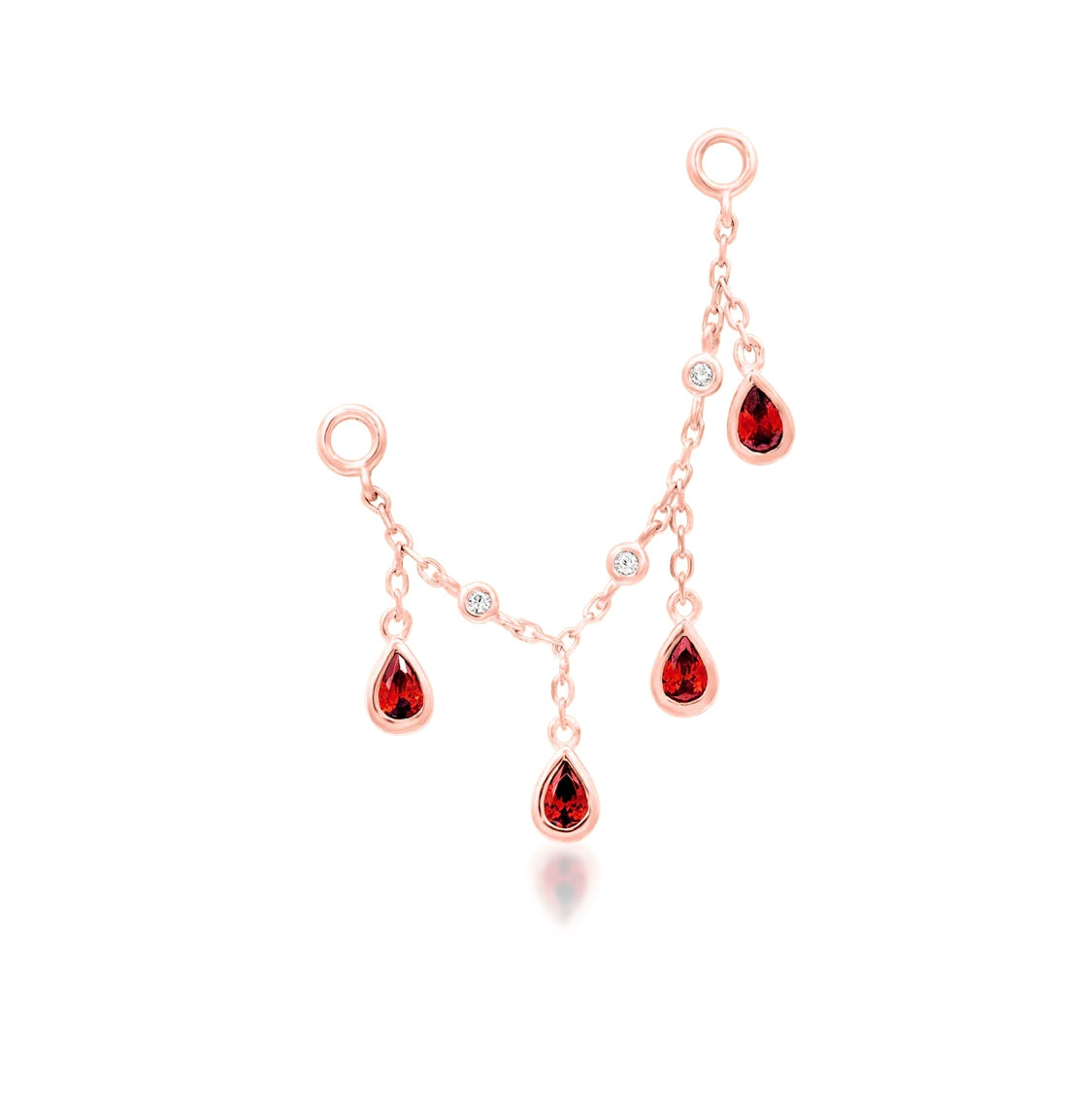 14ct gold Karro chain charm with four dark garnet pears and white CZ accents for flat piercings