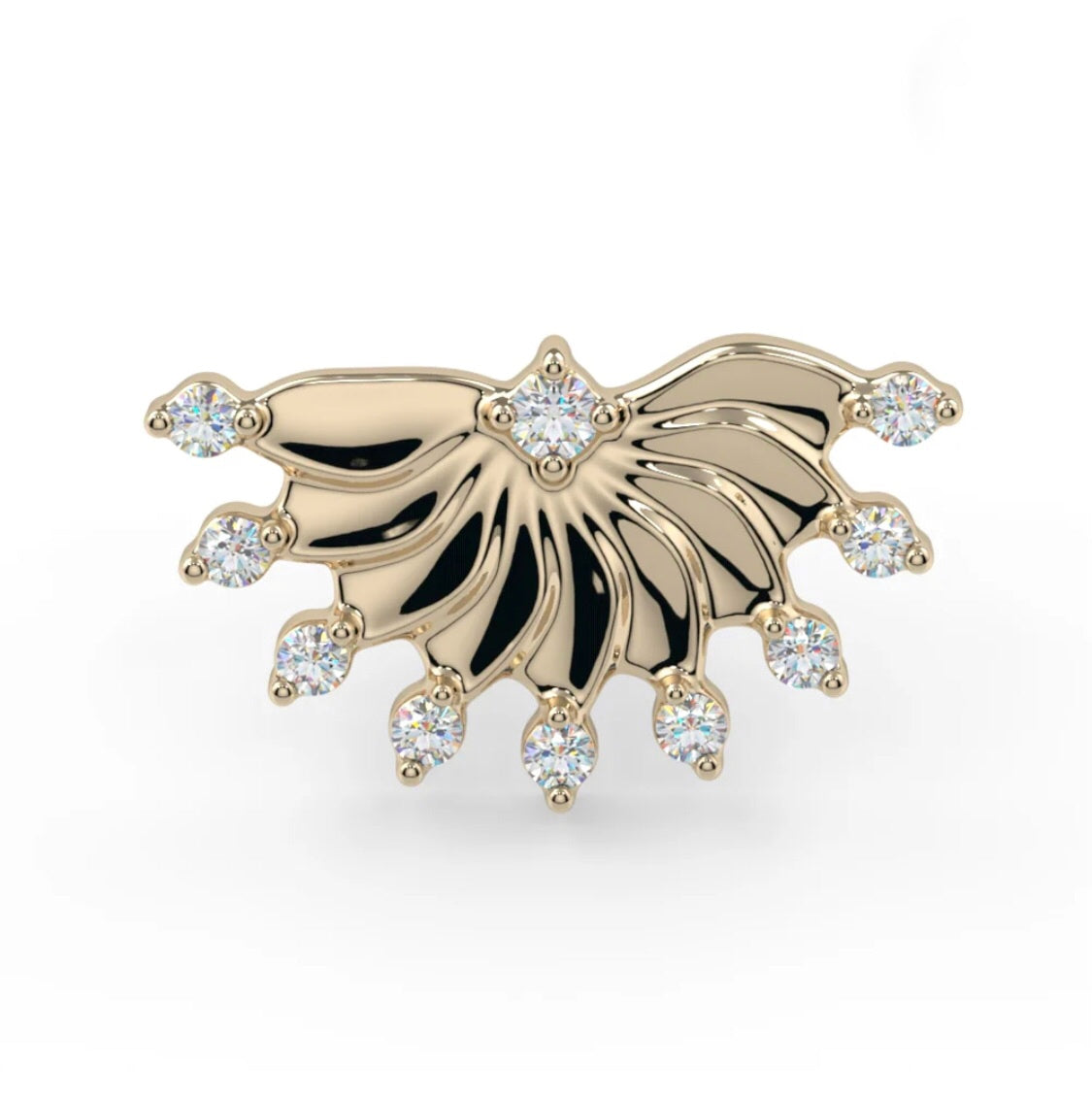 18ct yellow gold fan-shaped threadless top with genuine diamonds for helix, conch and flat piercings
