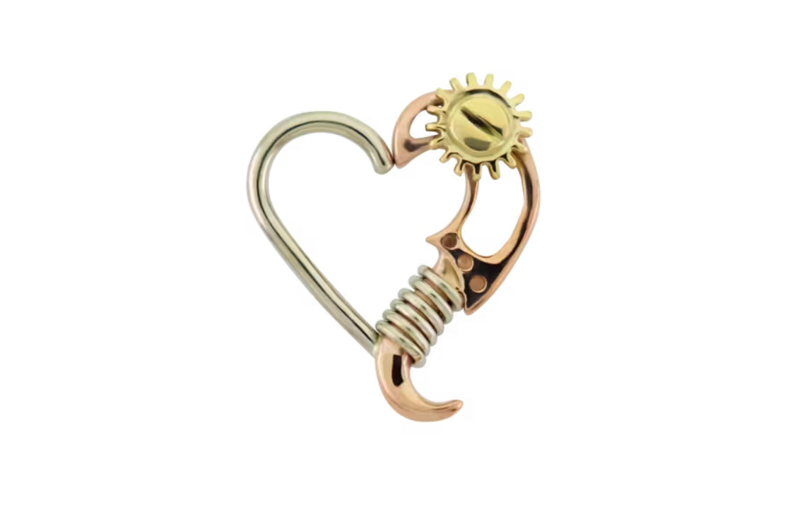 14ct mixed gold steampunk heart seam ring 10mm in yellow rose white gold for daith piercings