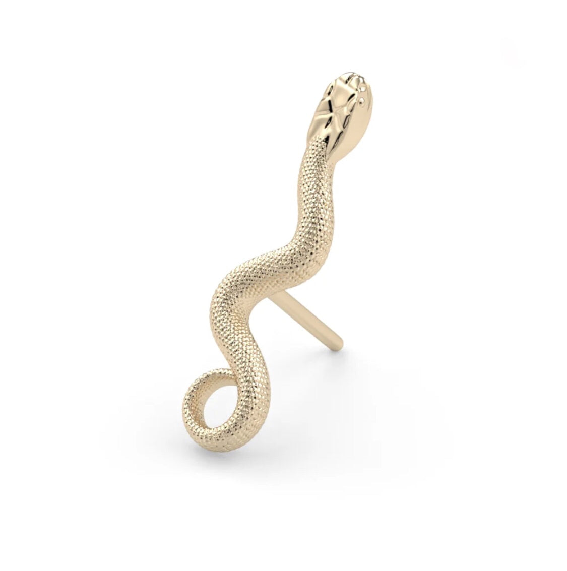 8ct gold snake threadless top side view showing elongated profile for helix and flat piercings