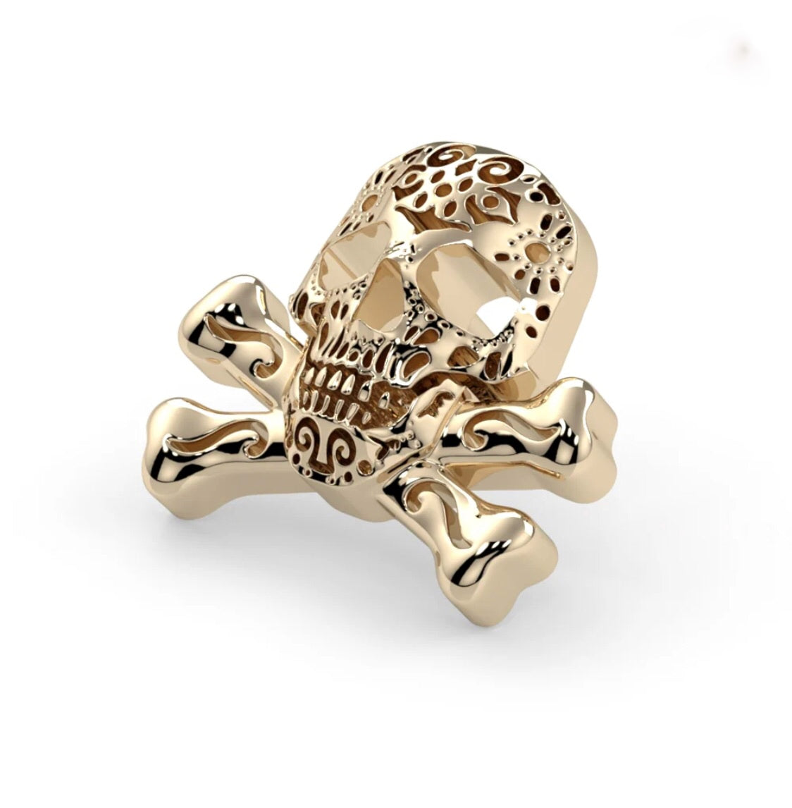 18ct gold skull threaded top showing intricate filigree lace-like detail and gothic design