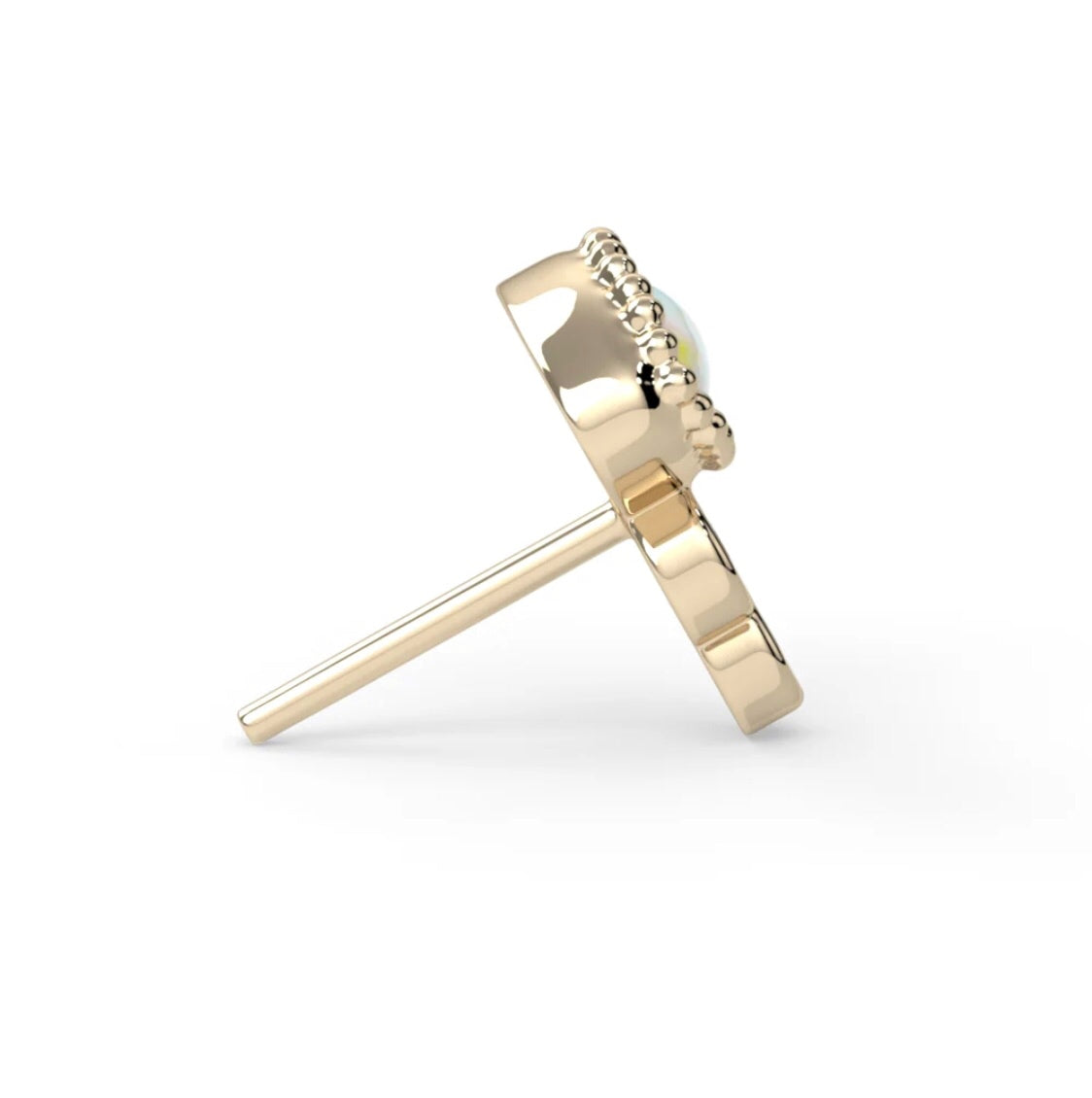 18ct gold divine eye threadless top  side view showing luminous moonstone centre and diamond accents