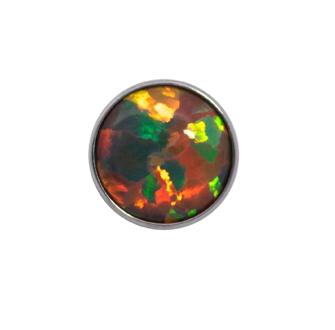 Titanium bezel set synthetic opal cabochon threadless top showing iridescent play-of-colour